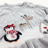 Penguins, Reindeer & House Grey Knitted Christmas Jumper - Girls 9-12 Months