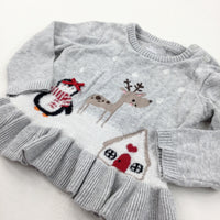 Penguins, Reindeer & House Grey Knitted Christmas Jumper - Girls 9-12 Months