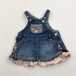 Flowers Embroidered Pink & Mid Blue Denim Dungaree Dress - Girls 0-3 Months