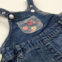 Flowers Embroidered Pink & Mid Blue Denim Dungaree Dress - Girls 0-3 Months