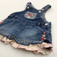 Flowers Embroidered Pink & Mid Blue Denim Dungaree Dress - Girls 0-3 Months