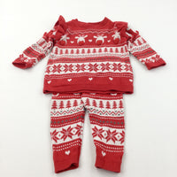 Reindeer & Snowflakes Red & White Knitted Christmas Jumper & Leggings Set - Girls 0-3 Months