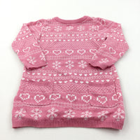 Hearts & Snowflakes Pink Knitted Christmas Dress - Girls 12-18 Months