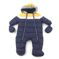 Navy, Mustard & White Padded Pramsuit - Boys 3-6 Months