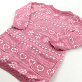 Hearts & Snowflakes Pink Knitted Christmas Dress - Girls 12-18 Months