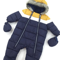 Navy, Mustard & White Padded Pramsuit - Boys 3-6 Months