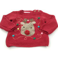 Reindeer Appliqued Red Knitted Christmas Jumper - Girls 9-12 Months