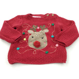 Reindeer Appliqued Red Knitted Christmas Jumper - Girls 9-12 Months