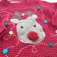 Reindeer Appliqued Red Knitted Christmas Jumper - Girls 9-12 Months