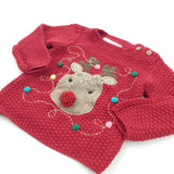 Reindeer Appliqued Red Knitted Christmas Jumper - Girls 9-12 Months