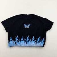 Butterflies & Fire Black Cropped T-shirt - Girls 11-12 Years