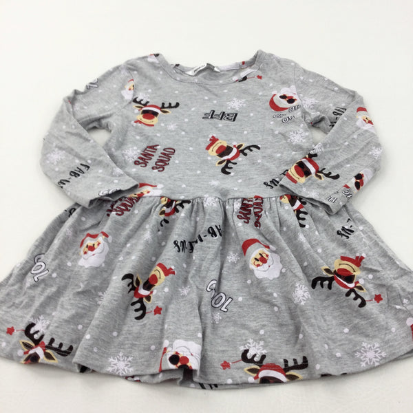 'Santa Squad' Rudolph Reindeer Grey Jersey Dress - Girls 12-18 Months