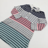 Blue, Pink, White & Navy Striped Jersey Shirt Dress - Girls 5-6 Years