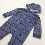 Mickey Mouse, Christmas Trees & Snowflakes Blue & Navy Jersey Christmas Romper/Onesie with Hood - Boys 12-18 Months