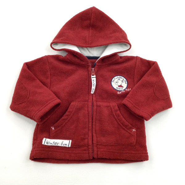 'First Winter In The Snow' Reindeer Appliqued Red Zip Up Hoodie - Boys 3-6 Months