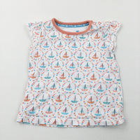 Colourful Sailing Boats White & Peach T-Shirt - Girls 6-9 Months