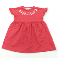 Flowers Embroidered Red Jersey Dress - Girls 2-3 Years