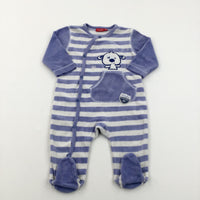 Reindeer Embroidered Striped Blue & White Lightweight Pramsuit - Boys 6 Months