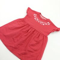 Flowers Embroidered Red Jersey Dress - Girls 2-3 Years