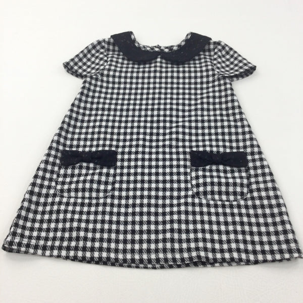 Black & White Checked Polyester Dress with Bow Pockets & Collar - Girls 4-5 Years