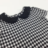 Black & White Checked Polyester Dress with Bow Pockets & Collar - Girls 4-5 Years