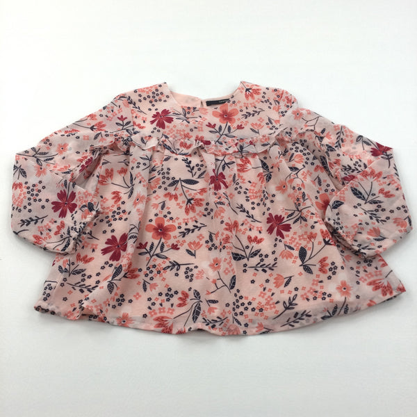 Flowers Pink Polyester Blouse with Net Overlay - Girls 6-7 Years