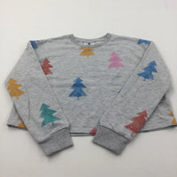 Colourful Christmas Trees Grey Cropped Christmas Sweatshirt - Girls 9-10 Years