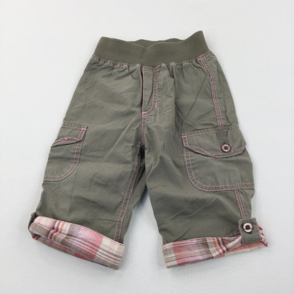 Khaki Green & Pink Cotton Cargo Trousers - Girls 9-12 Months