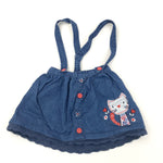 Cat & Flowers Appliqued Blue Denim Effect Cotton Skirt with Detachable Straps - Girls 9-12 Months