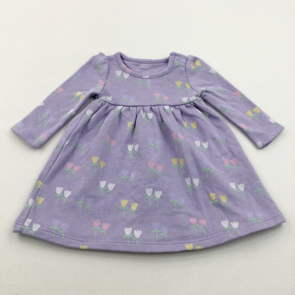 Flowers Lilac & Green Long Sleeve Dress - Girls 3-6 Months