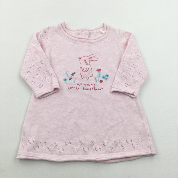 'Mummy's Little Sweetheart' Bunny & Flowers Embroidered Pink Knitted Dress - Girls 3-6 Months