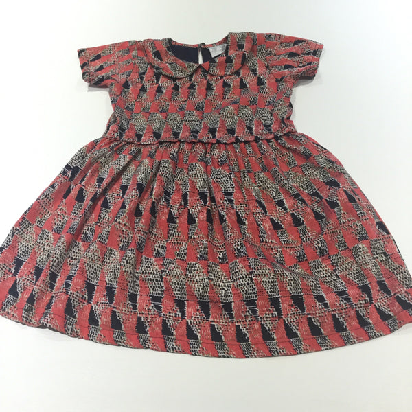 Coral Pink, Navy & White Patterned Soft Short Sleeve Dress- Girls 5-6 Years