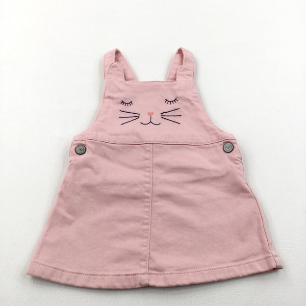 Cat Embroidered Pink Denim Dungaree Dress - Girls 3-6 Months