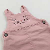 Cat Embroidered Pink Denim Dungaree Dress - Girls 3-6 Months