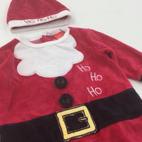 'Ho Ho Ho' Santa Red Velour Babygrow & Hat - Boys/Girls 0-3 Months