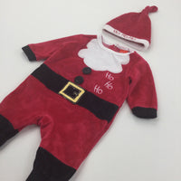 'Ho Ho Ho' Santa Red Velour Babygrow & Hat - Boys/Girls 0-3 Months