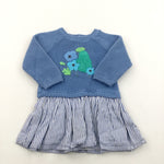 Flowers Striped Blue & White Knitted Dress - Girls 3-6 Months