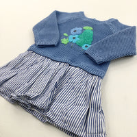 Flowers Striped Blue & White Knitted Dress - Girls 3-6 Months