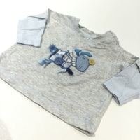 Dog Appliqued Buttons & Tassles Grey & Blue Long Sleeve Top - Boys 0-3 Months