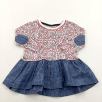 Colourful Flowers Denim Long Sleeve Dress - Girls 3-6 Months