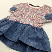 Colourful Flowers Denim Long Sleeve Dress - Girls 3-6 Months