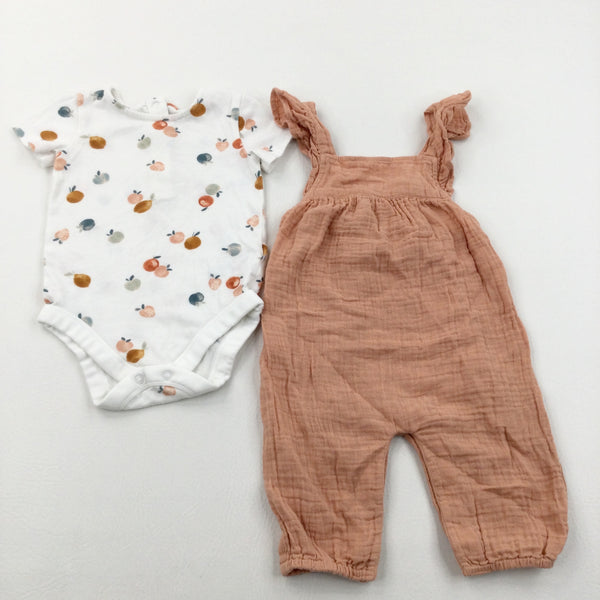 Orange Lightweight Dungarees With Colourful Fruit Bodysuit - Girls 3-6 Months
