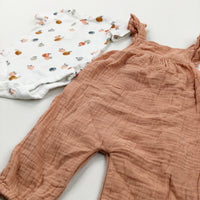 Orange Lightweight Dungarees With Colourful Fruit Bodysuit - Girls 3-6 Months