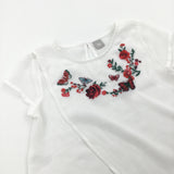 Flowers & Butterflies Embroidered White Sheer Blouse - Girls 8 Years