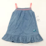 **NEW** Embroidered Pink & Blue Denim Effect Cotton Dress - Girls 12-18 Months