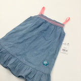 **NEW** Embroidered Pink & Blue Denim Effect Cotton Dress - Girls 12-18 Months