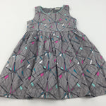 Geometric Patterns Grey & Pink Cotton Party Dress - Girls 6 Years