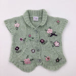 Flower Embroidered Green Knitted Short Sleeve Cardigan - Girls 18-24 Months