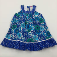 Flowers Blue, White & Green Cotton Tunic Blouse  - Girls 6-7 Years