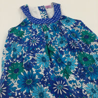 Flowers Blue, White & Green Cotton Tunic Blouse  - Girls 6-7 Years